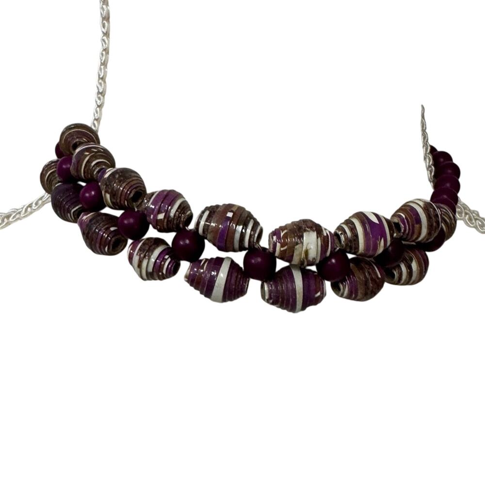 Purple Brown Wood Bead Stretch Necklace Choker Funky Artsy Jewelry